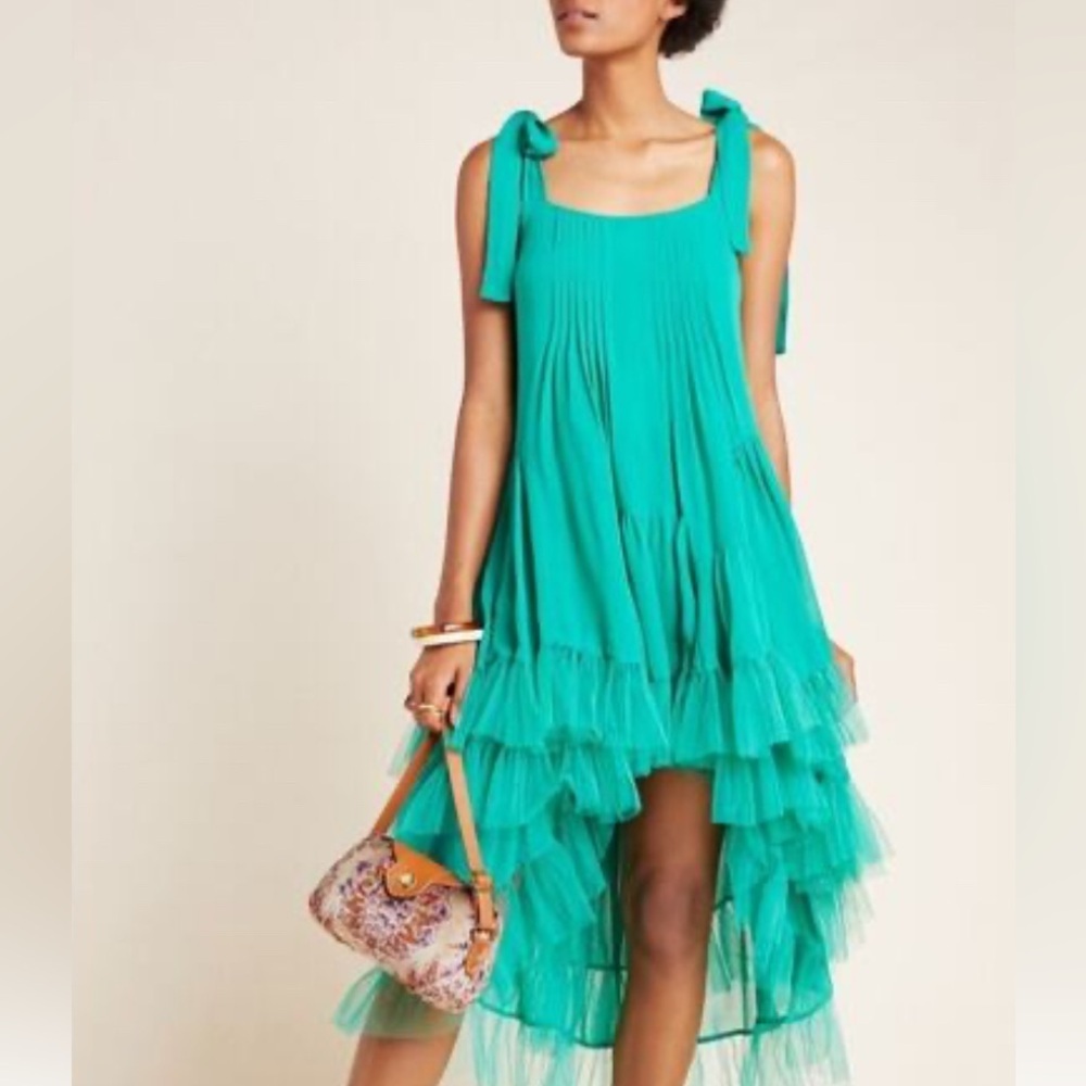 Cynthia Rowley Estate Tiered High Low Tulle Ruffled Dress Green